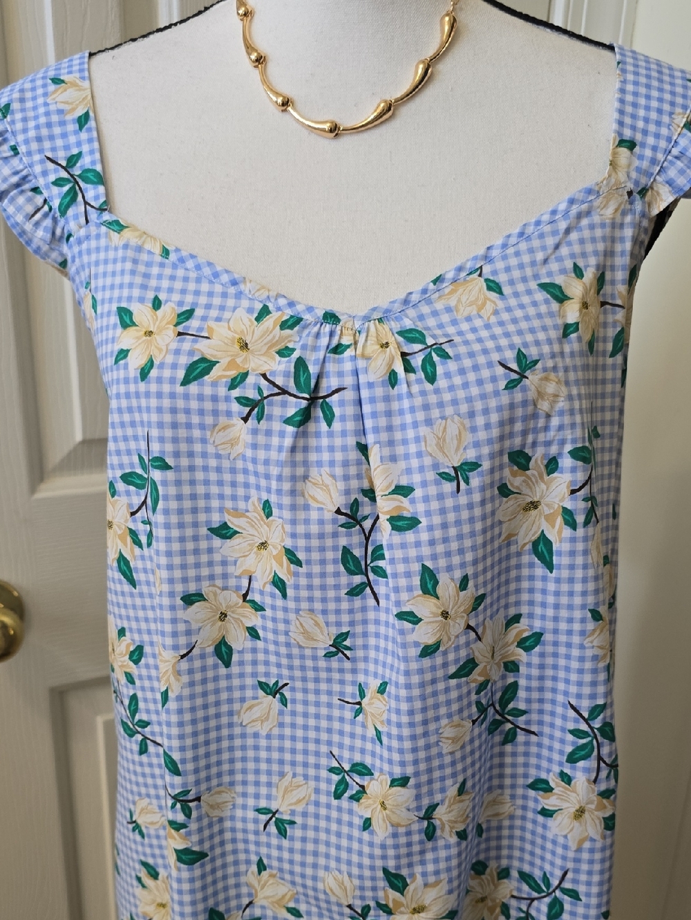 Draper James Women's Blue Gingham with Yellow Floral Print Summer Dress Large